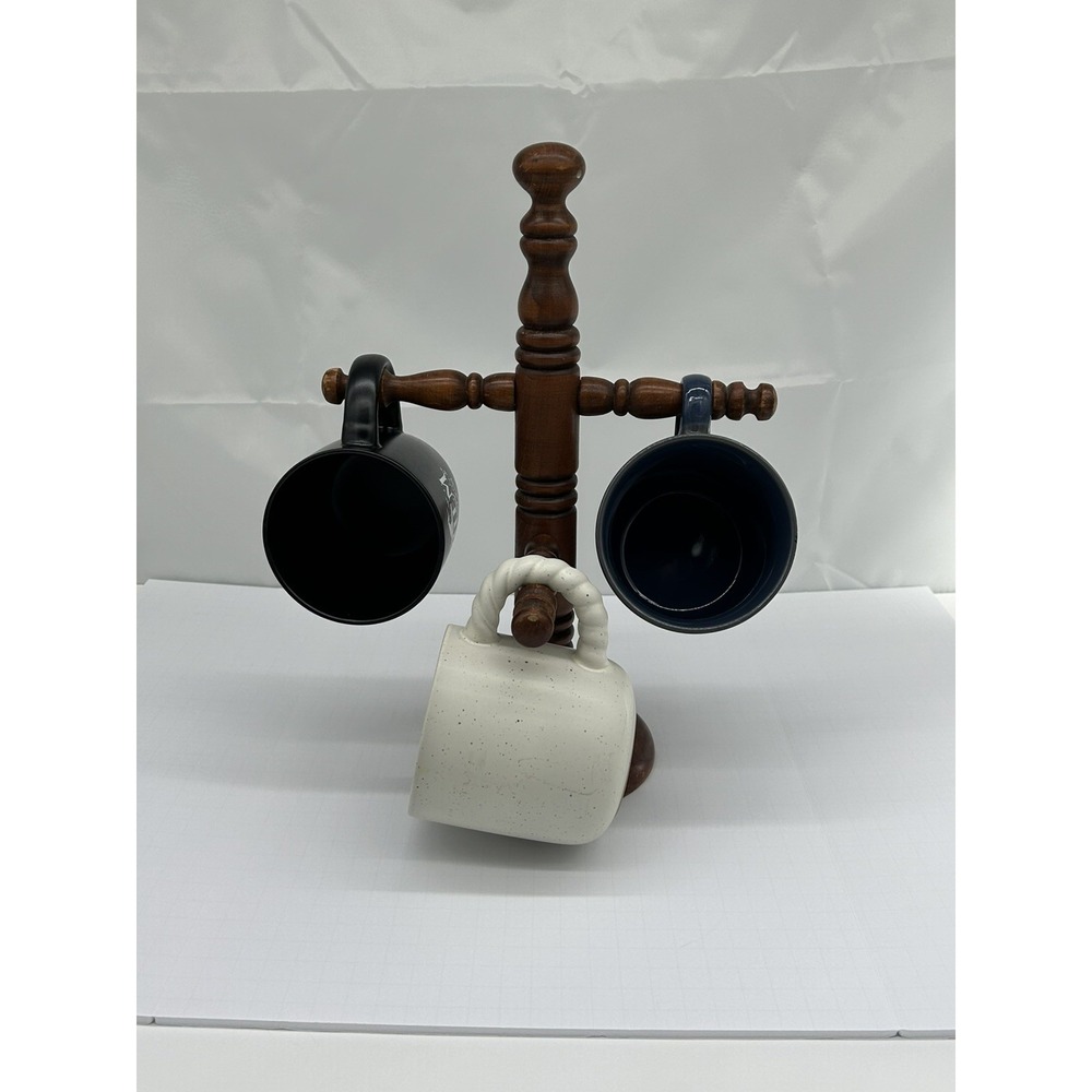 Vintage Wooden Mug Tree Stand Coffee Cup Holder Kitchen Organizer MCM Retro 80s